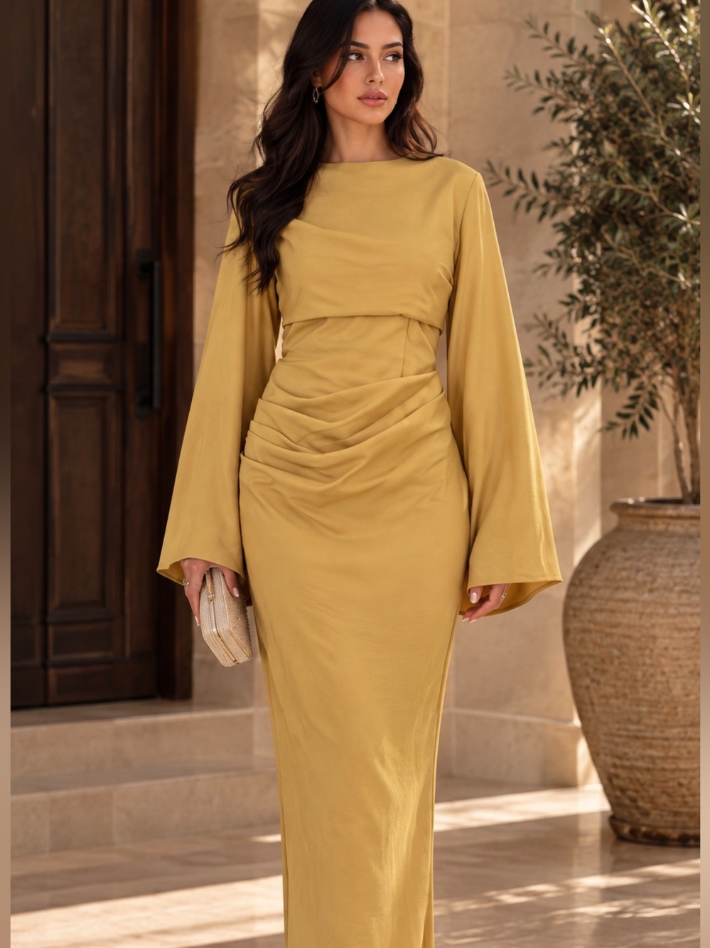 ASOS Soft Gold Ruched Maxi Dress